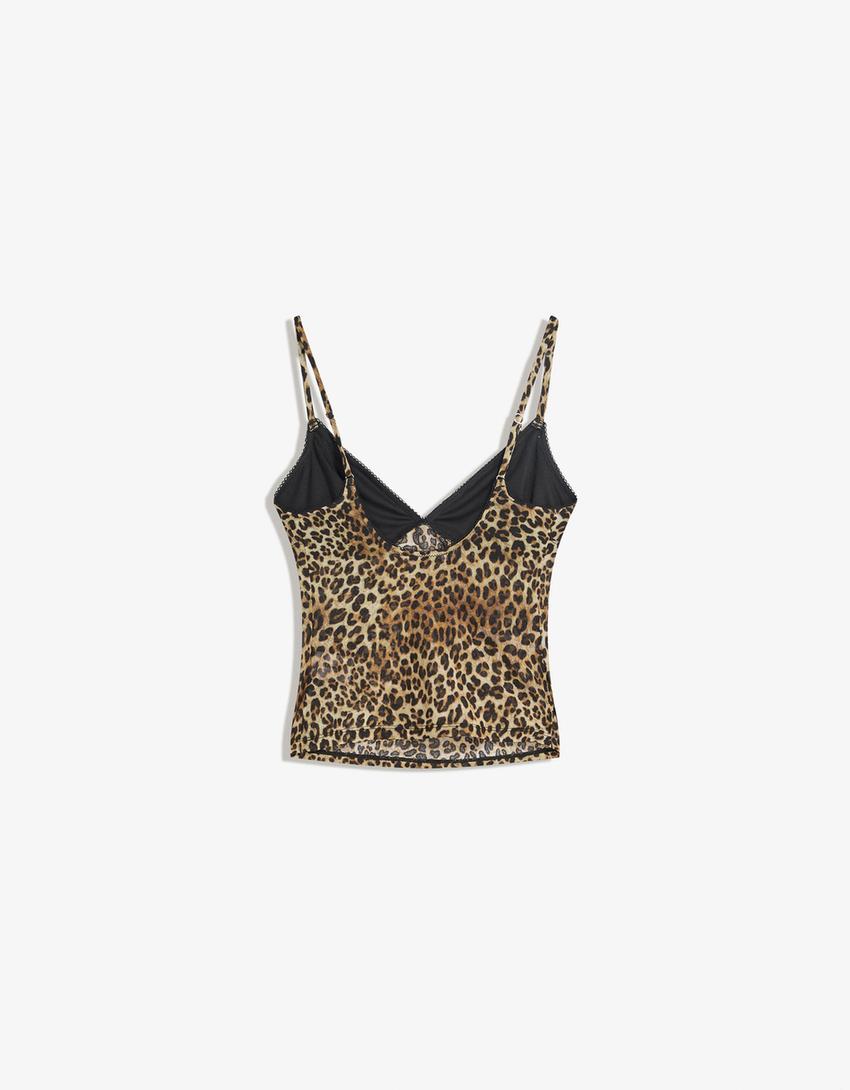 Printed mesh strappy top-Camel