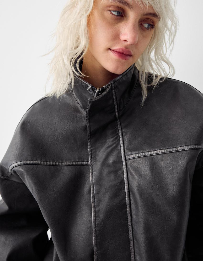 Blouson oversize similicuir effet usé-Noir-7