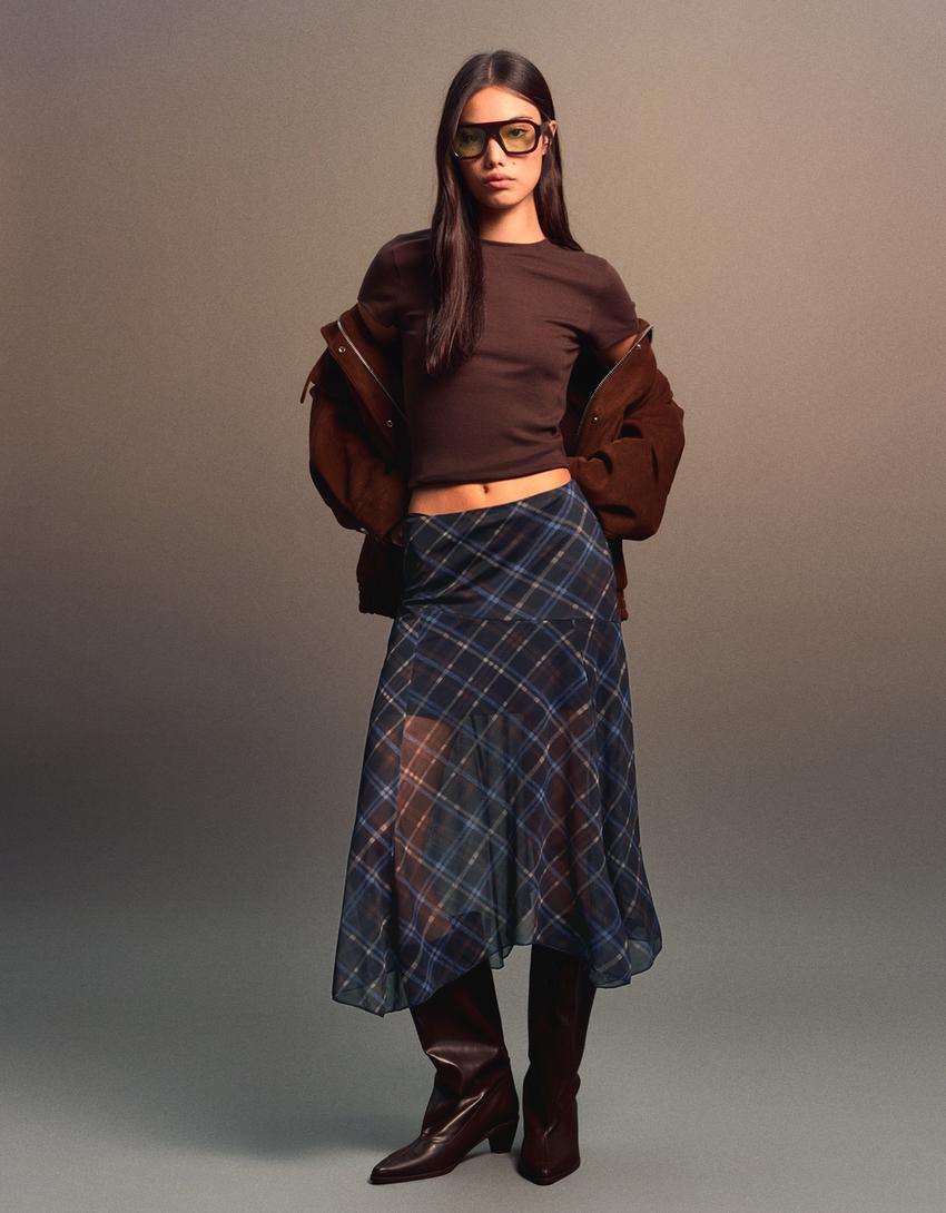 Asymmetric check midi skirt-Navy-0