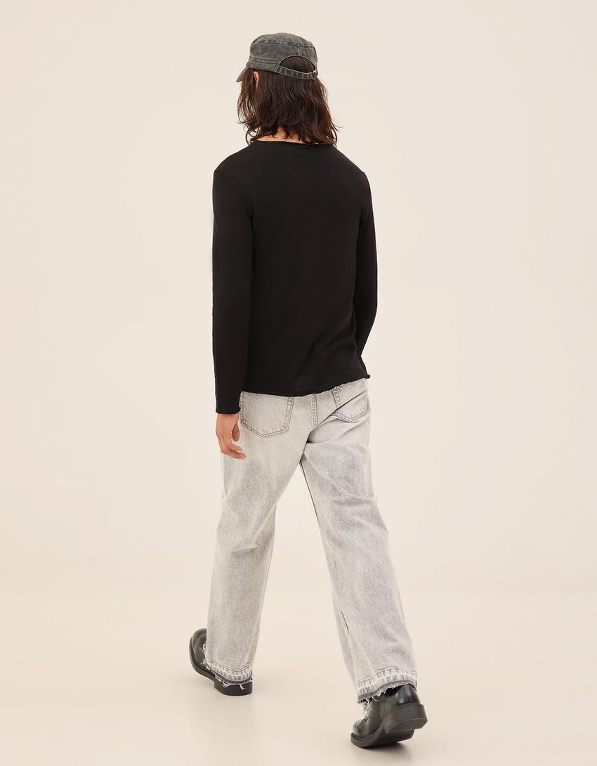 Long sleeve slim fit print T-shirt-Black