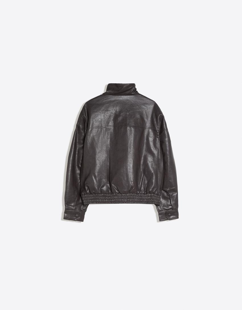 Oversize leather effect crossover collar jacket-Grey