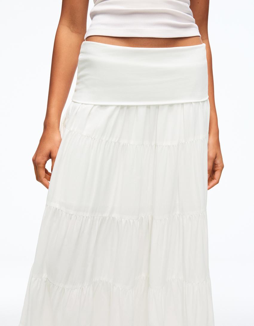 Fold-over waist midi skirt-White