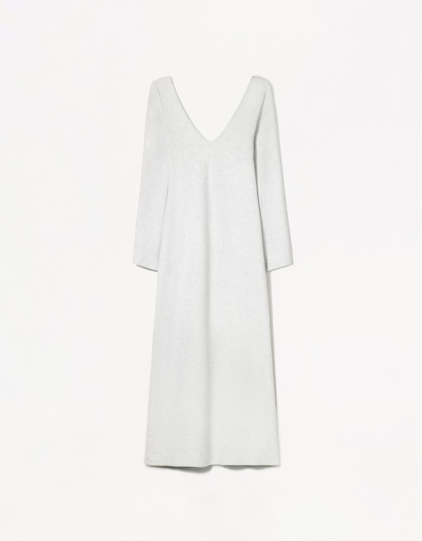 Vestido maxi escote pico soft touch-Gris-4