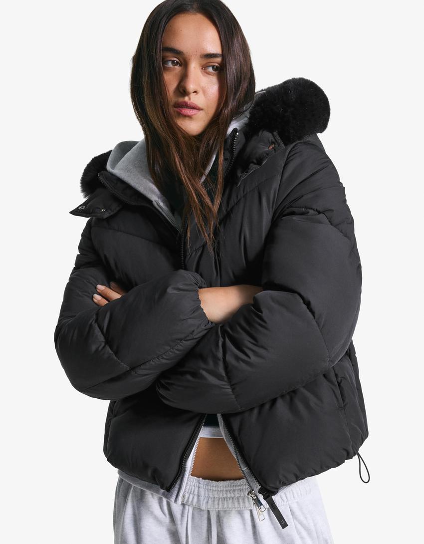 Puffer jacket with faux fur hood-Black-2