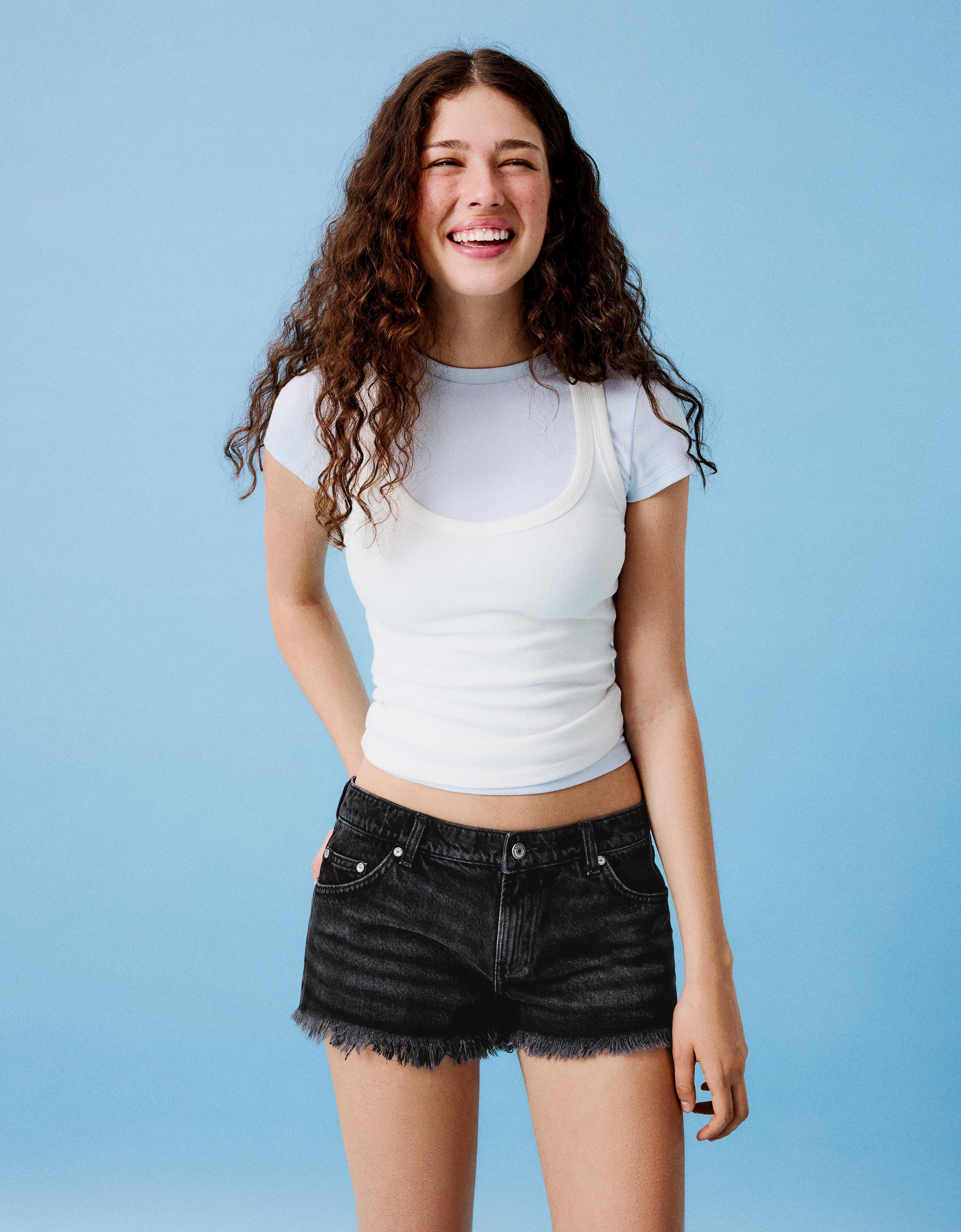 Denim mini shorts with frayed hem — Black