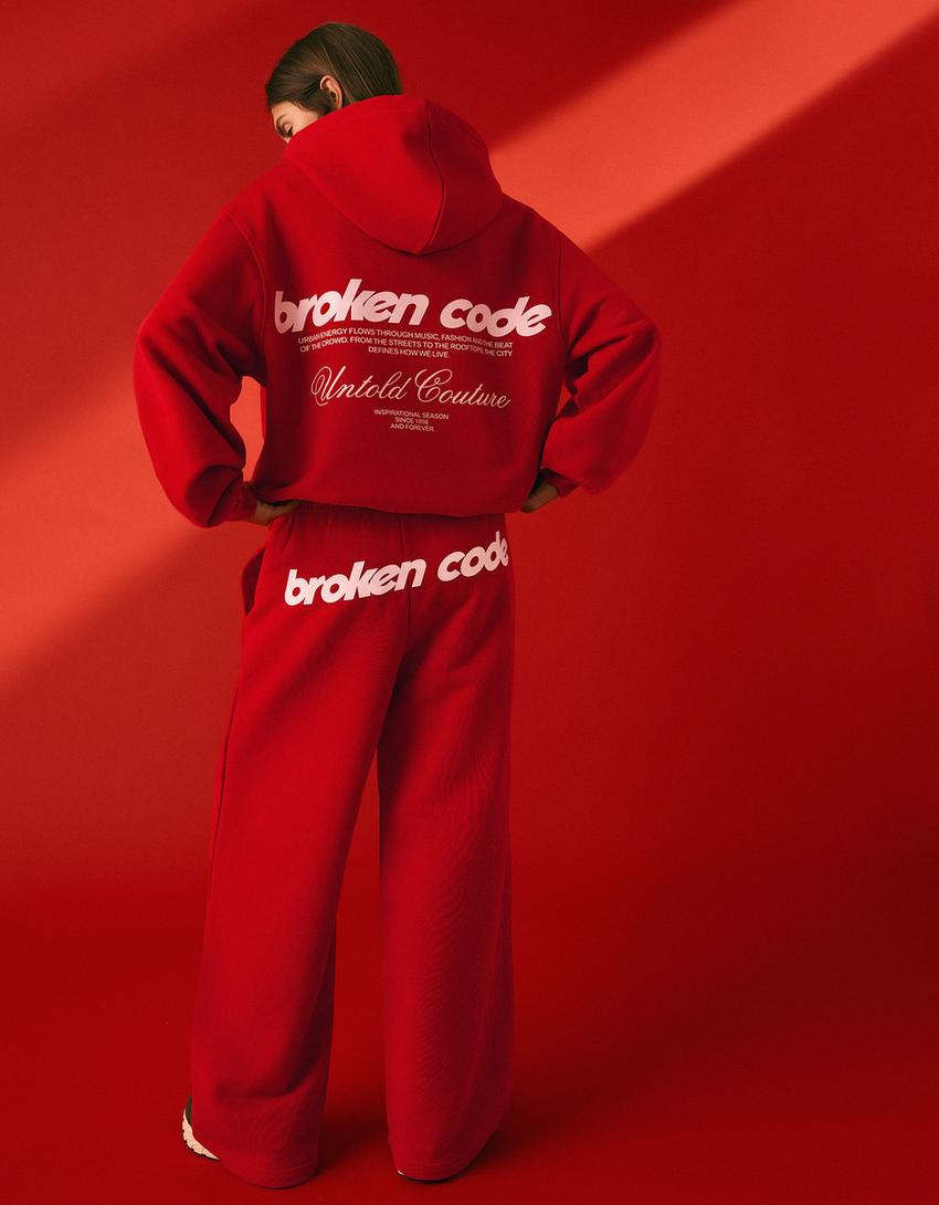 Pantalon wide leg molletonné imprimé-Rouge