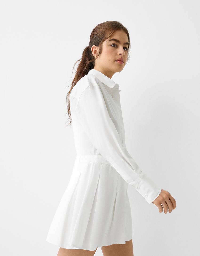 Vestido camiseiro mini popelina pregas cinto-Branco-1