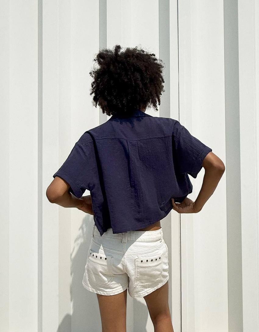 Textured rustic short sleeve shirt-Blue