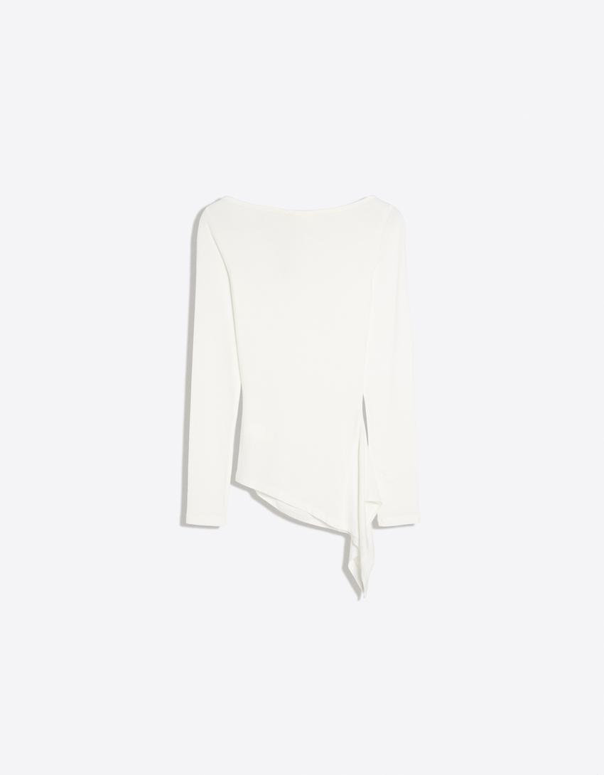Asymmetric long sleeve ruched T-shirt-Off white