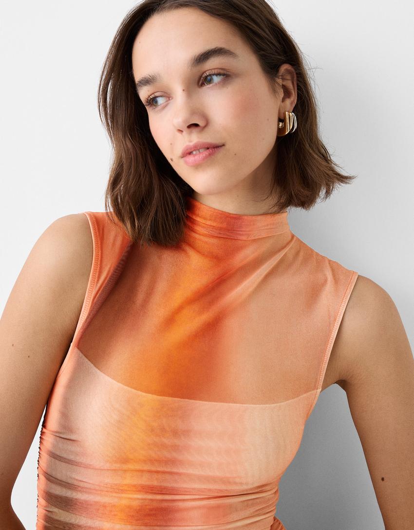 فستان ميدي يباقة عالية وأكمام قصيرة وطبعة-برتقالي-5