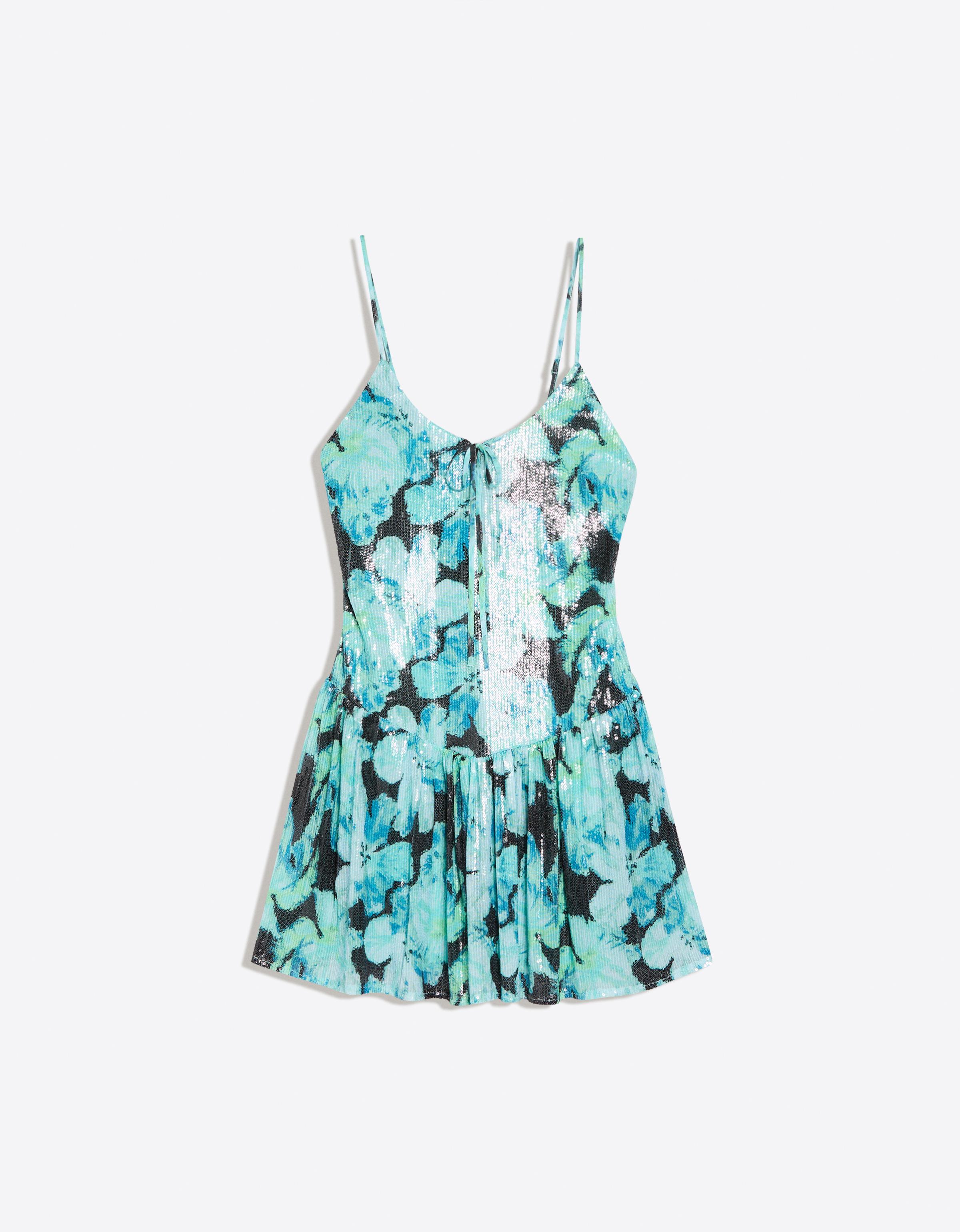 Strappy sequin mini dress with flared skirt — Turquoise