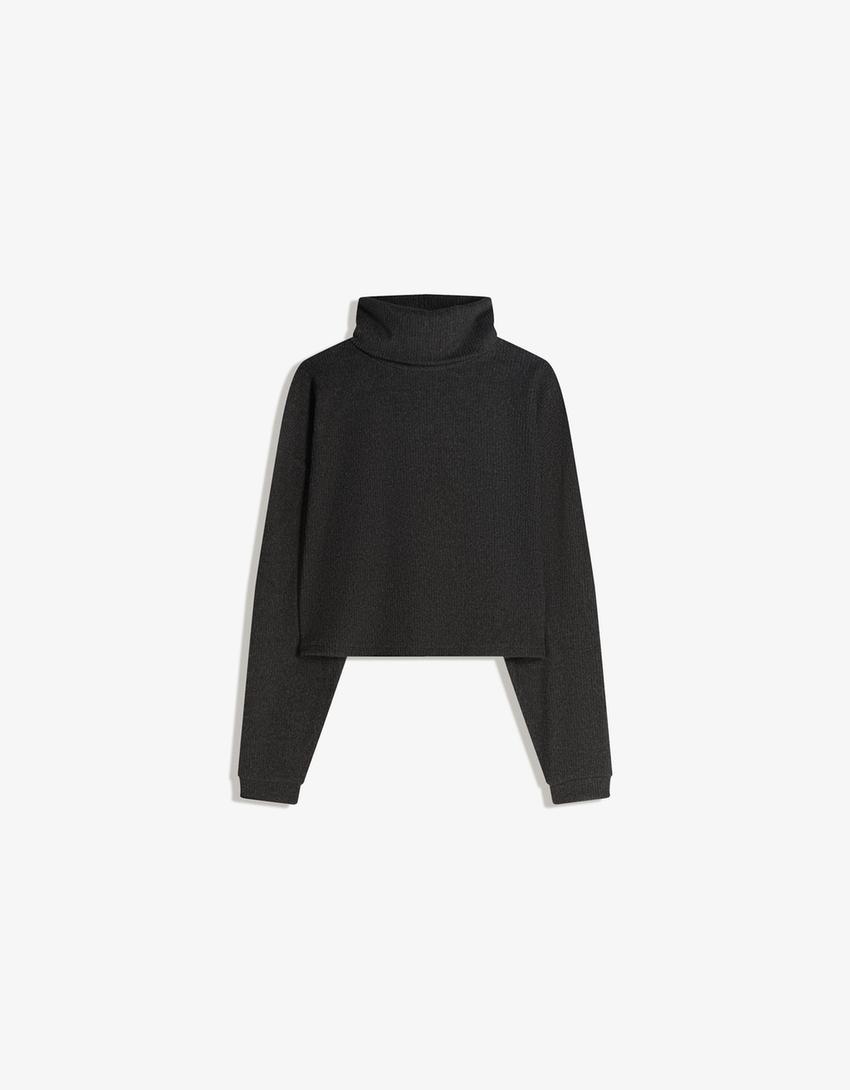 Jersei coll alt canalé-Gris fosc