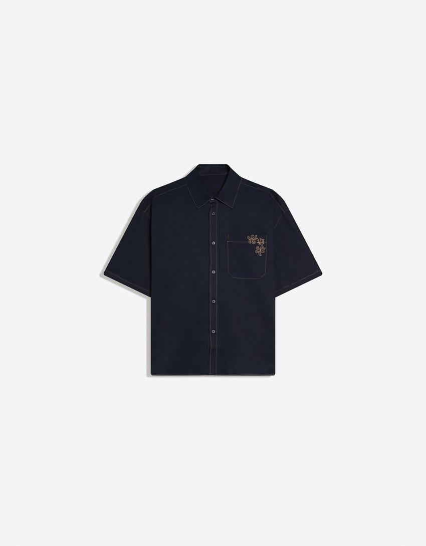 Chemise oversize brodée à manches courtes-Marine