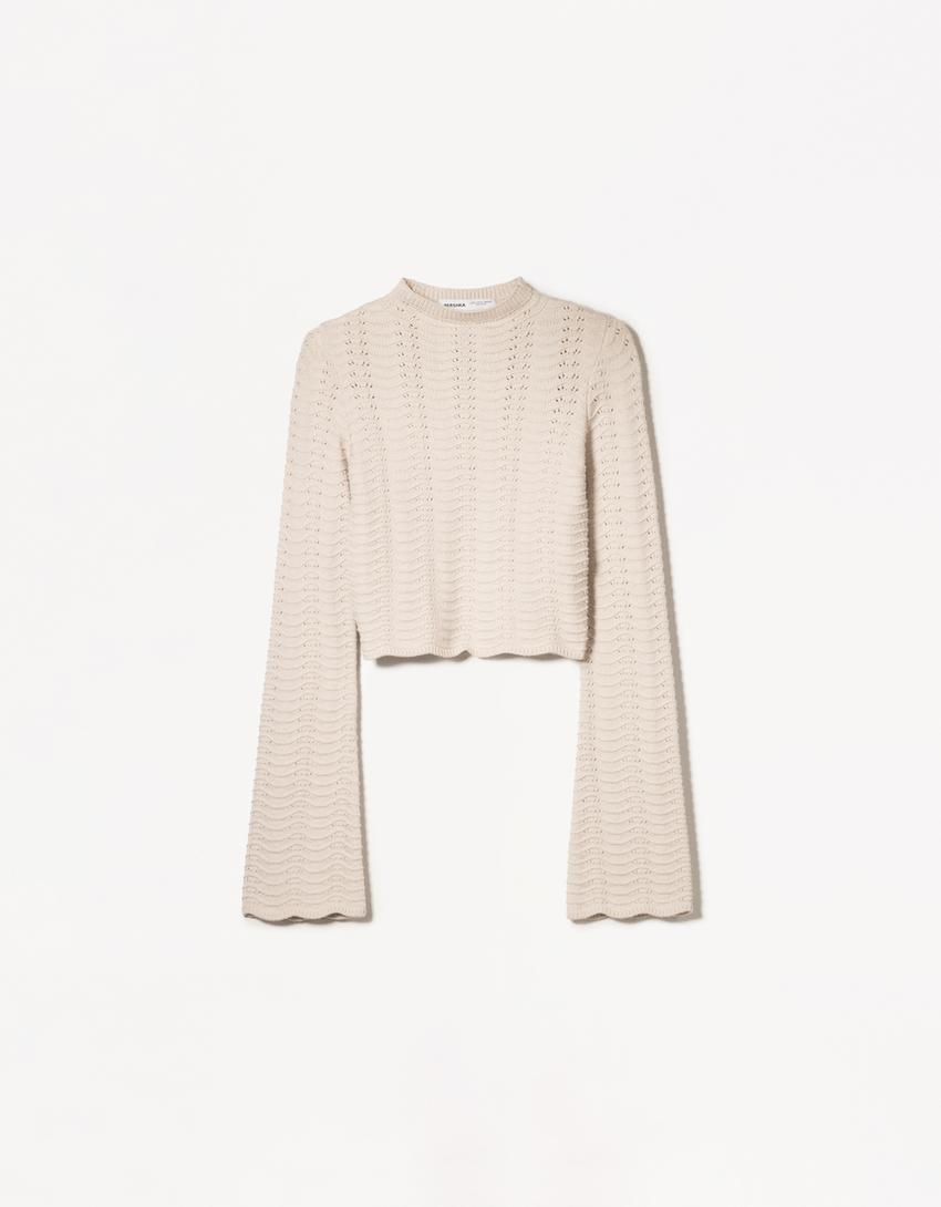 Maglia traforata misto lino con collo alto-Pietra-3