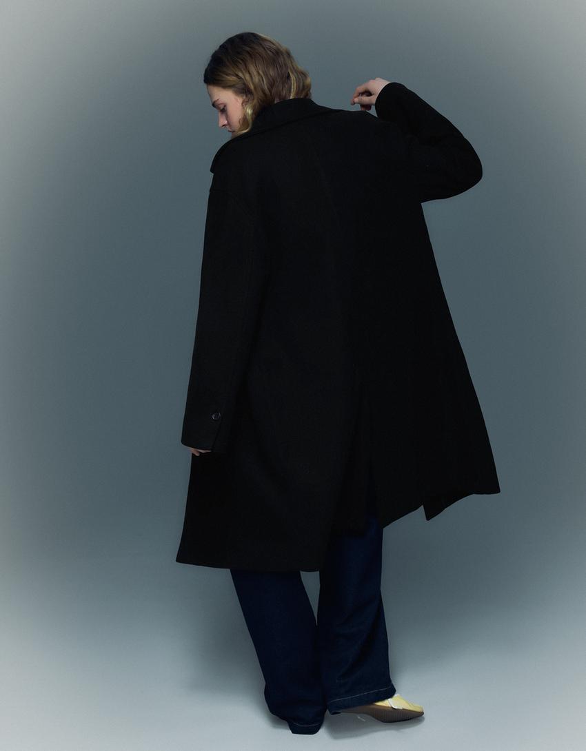 Yumuşak dokulu uzun palto-Siyah