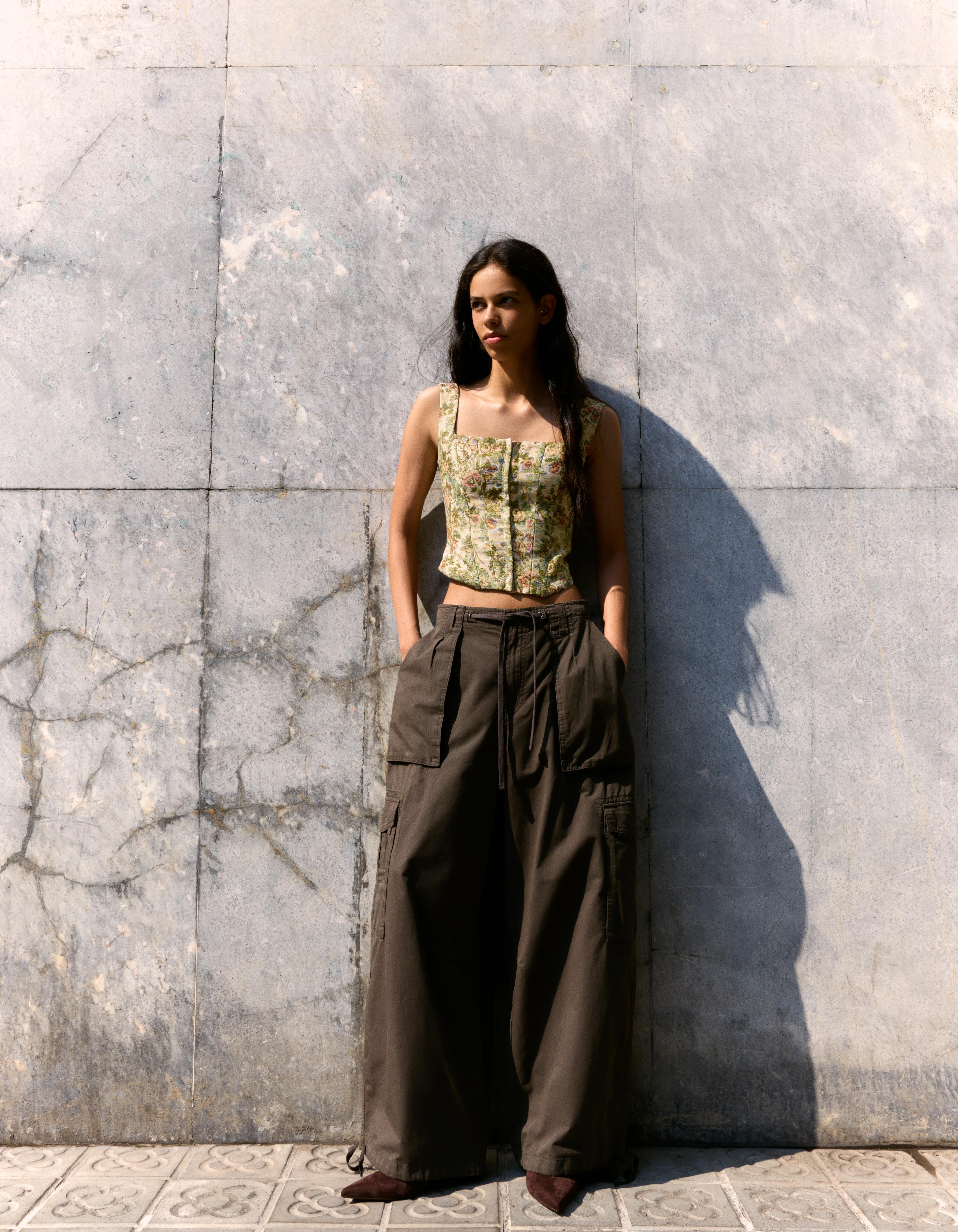 Strappy jacquard corset top — Green