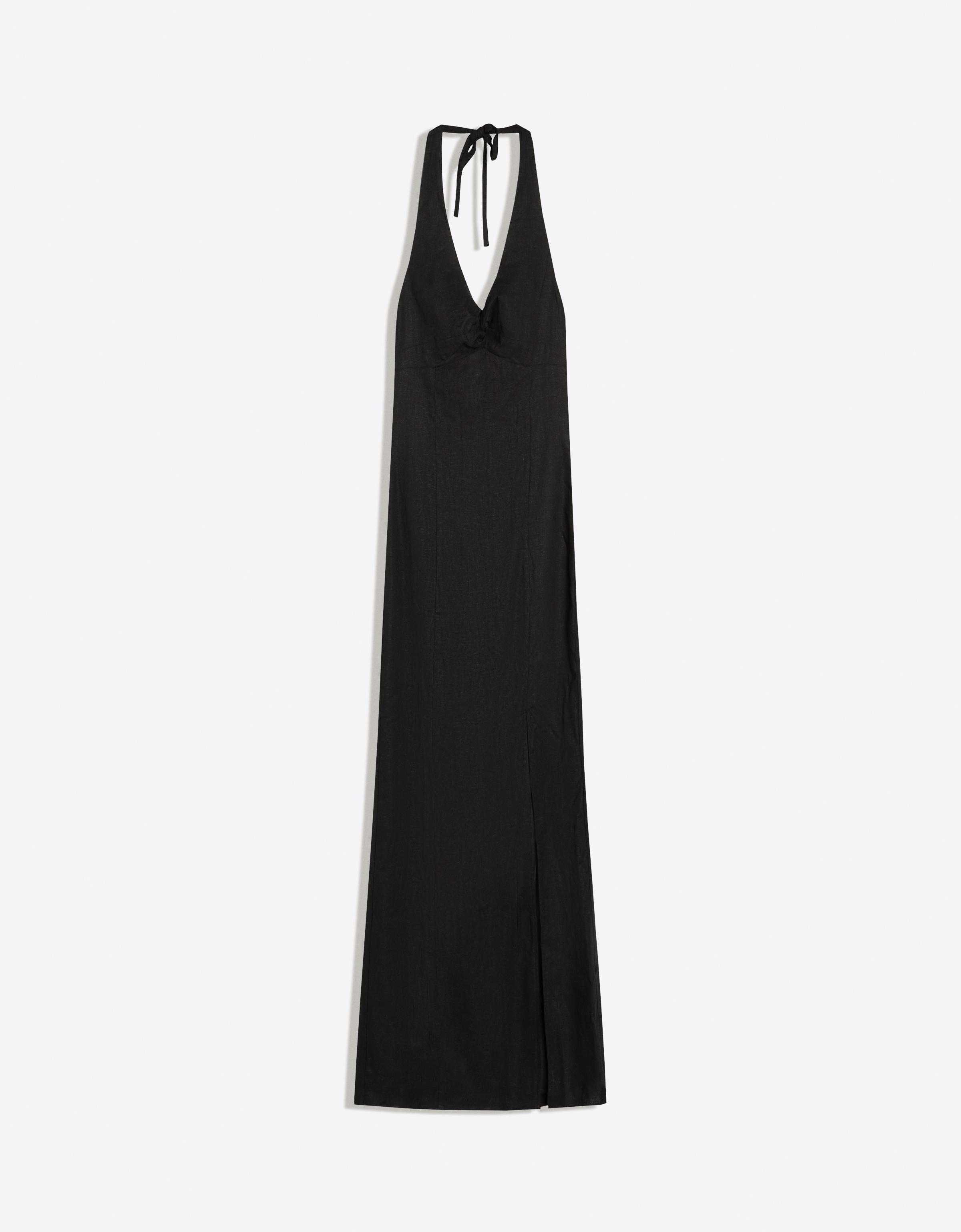 Halter midi dress with linen — Black