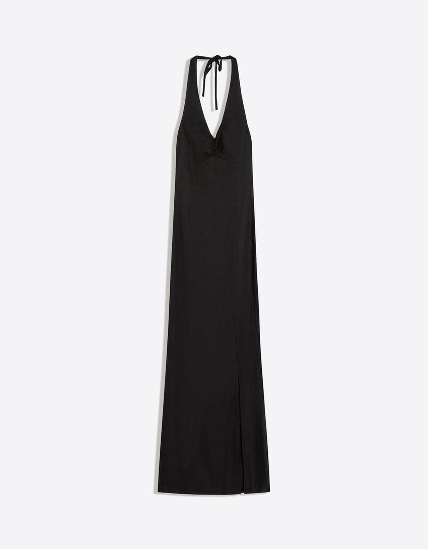 Ketenli halter midi elbise-Siyah