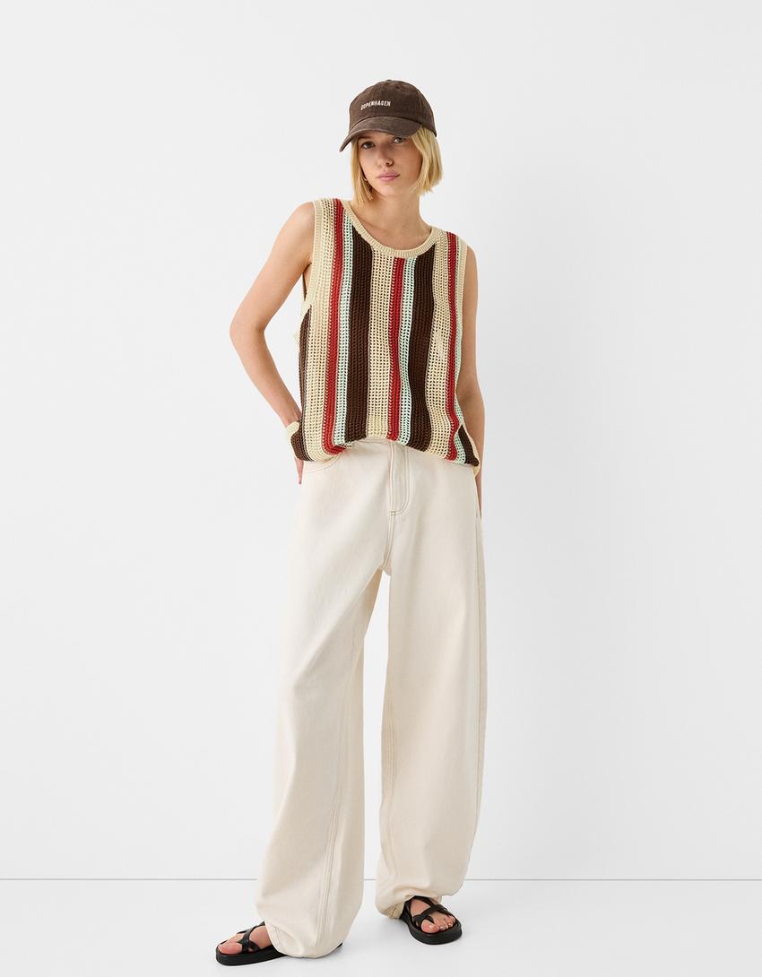 T-shirt bretelles ajours rayures-Sable-3