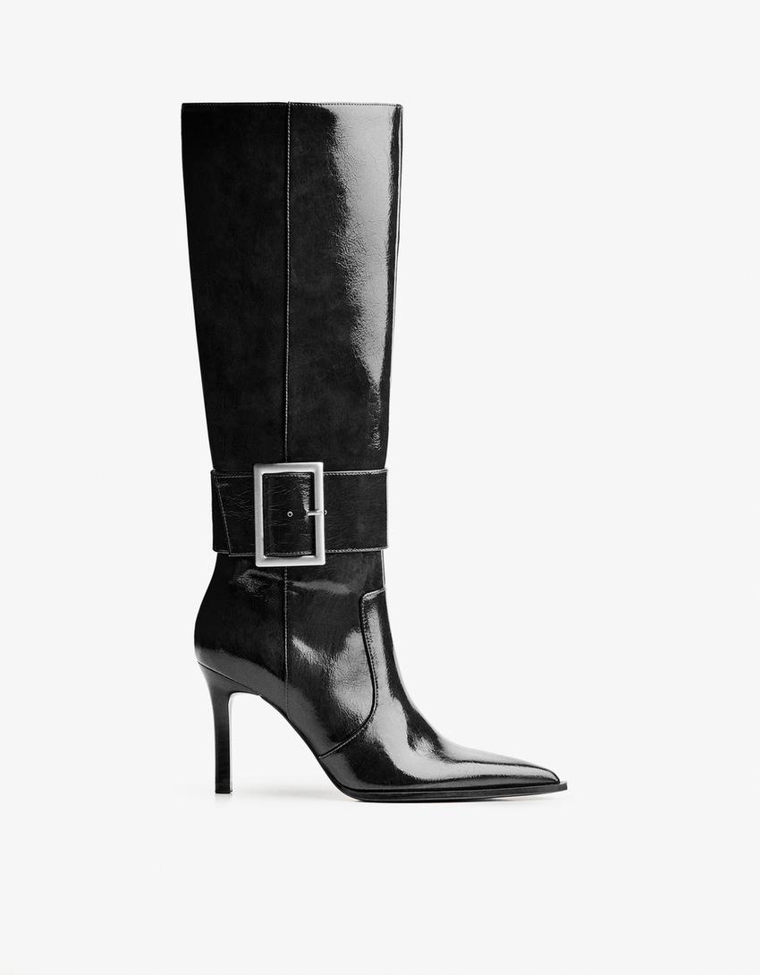 Bota tacón hebilla-Negro