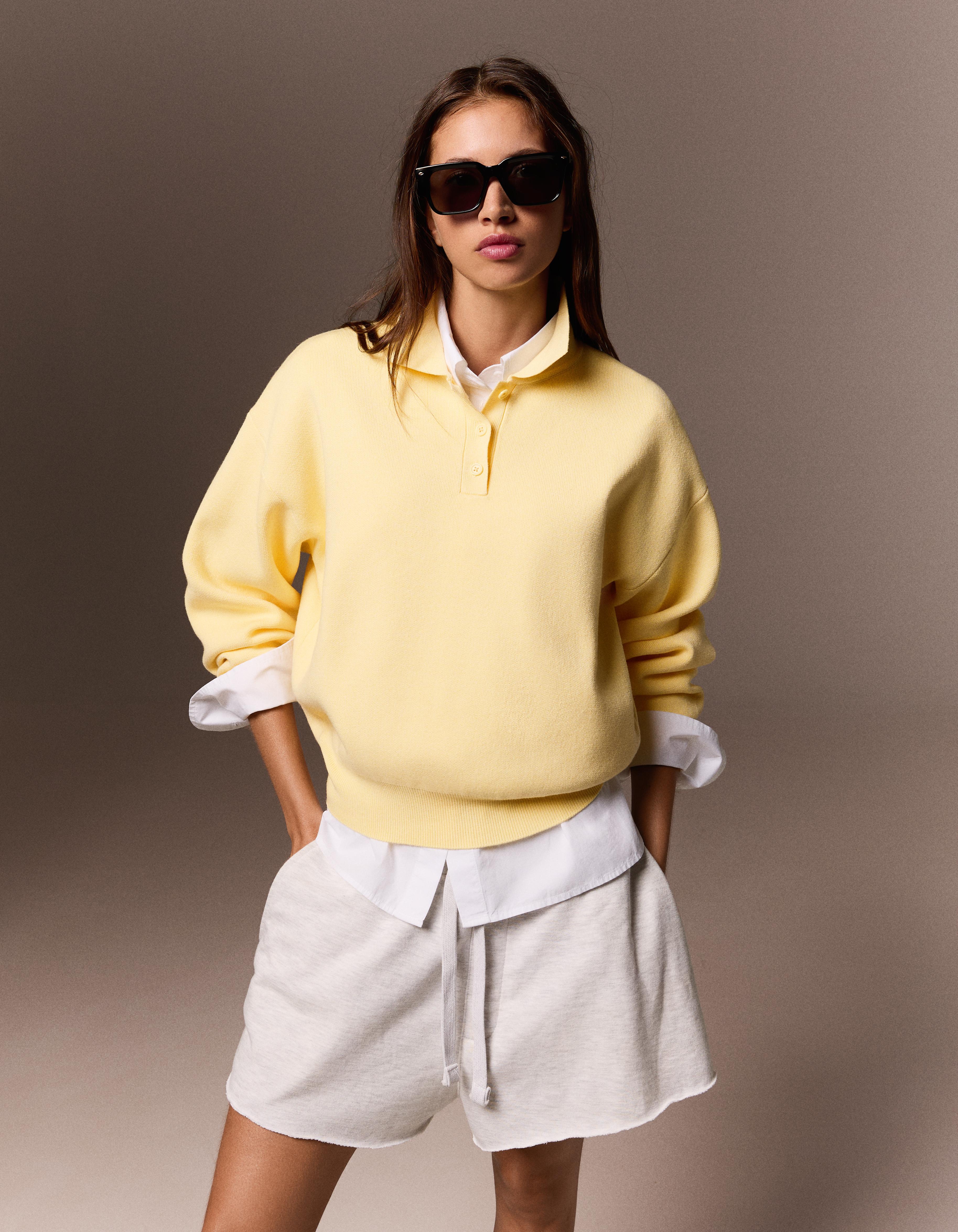 Bershka Jersey Cuello Polo Oversize Mujer Amarillo