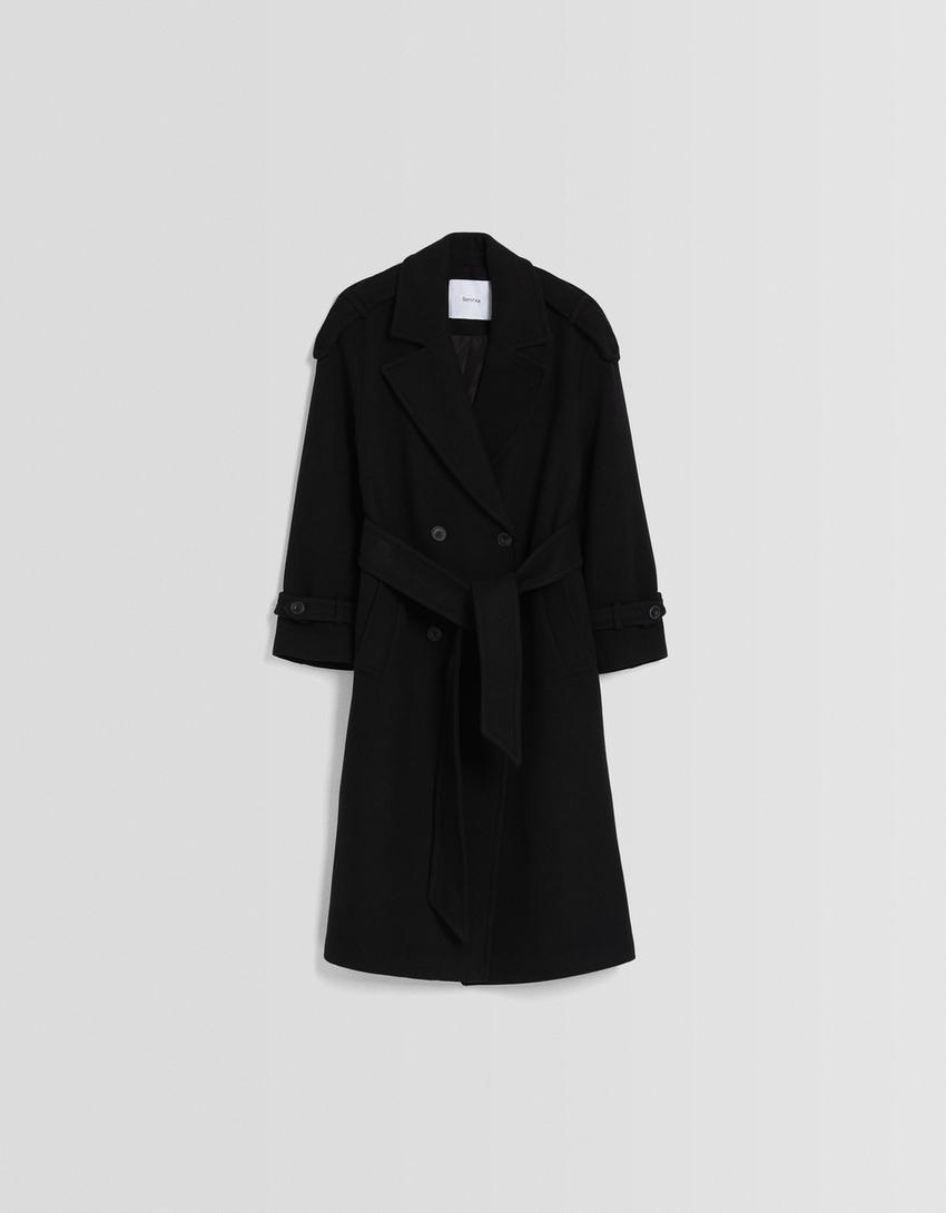 Manteau trench en laine-Noir-4