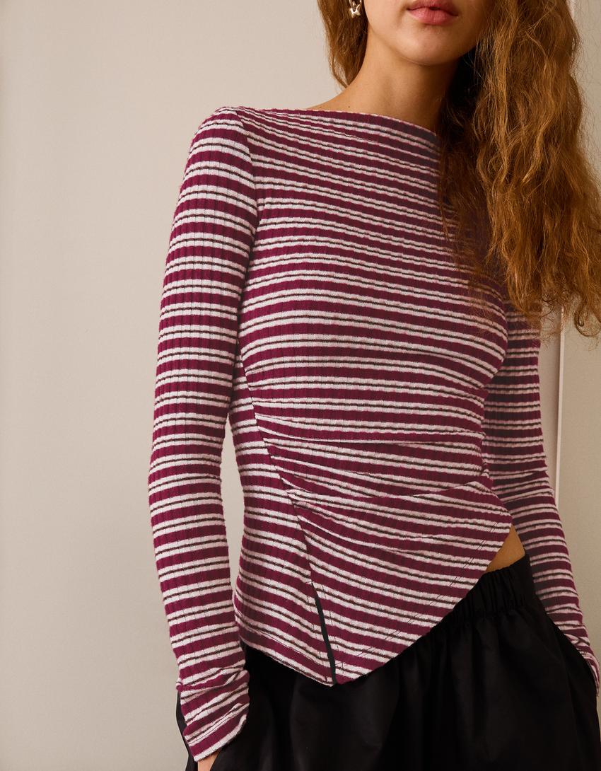 Асиметрична блуза с дълъг ръкав-Бордо