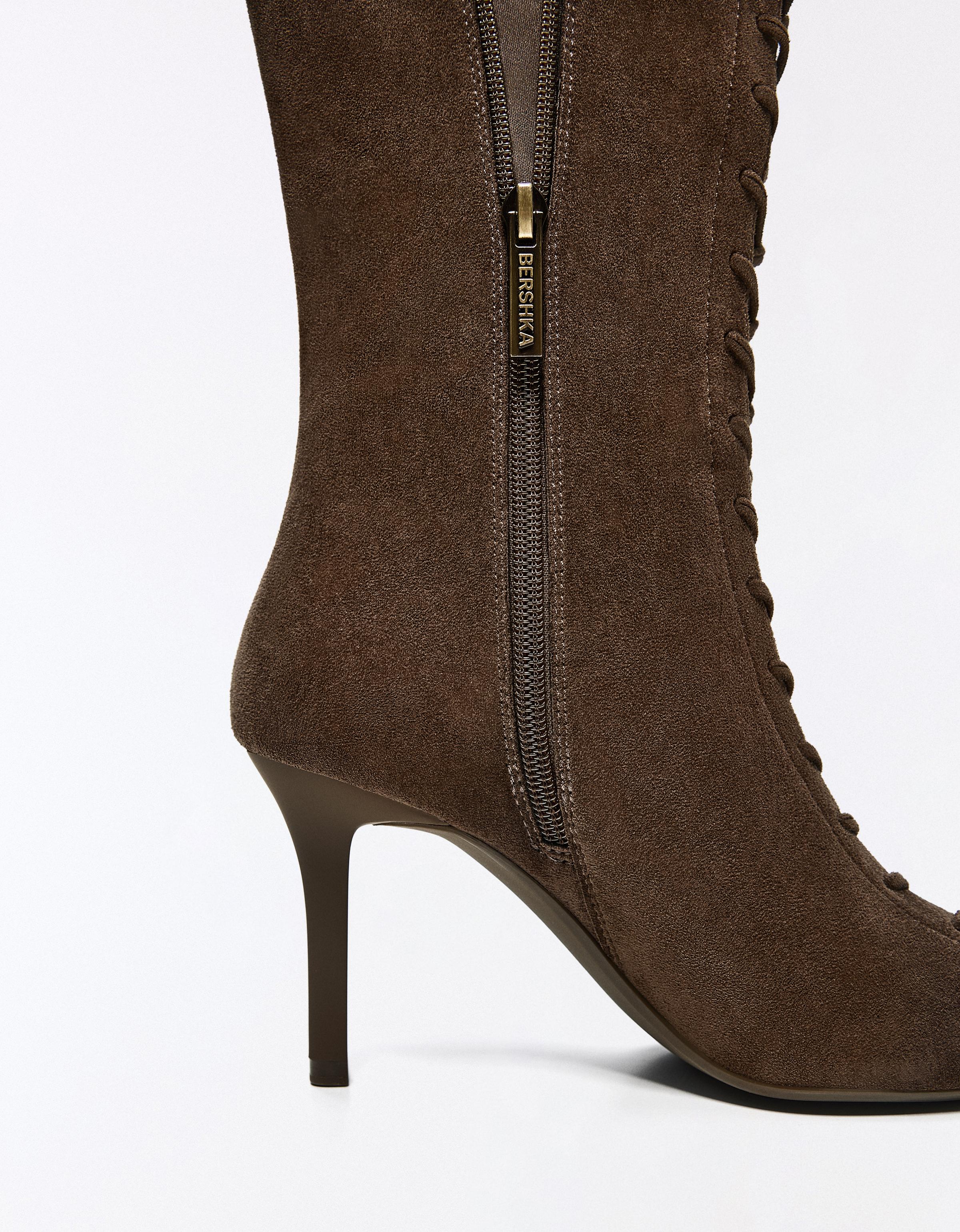 CORSET PEEP TOE HEEL BOOTS — Tan