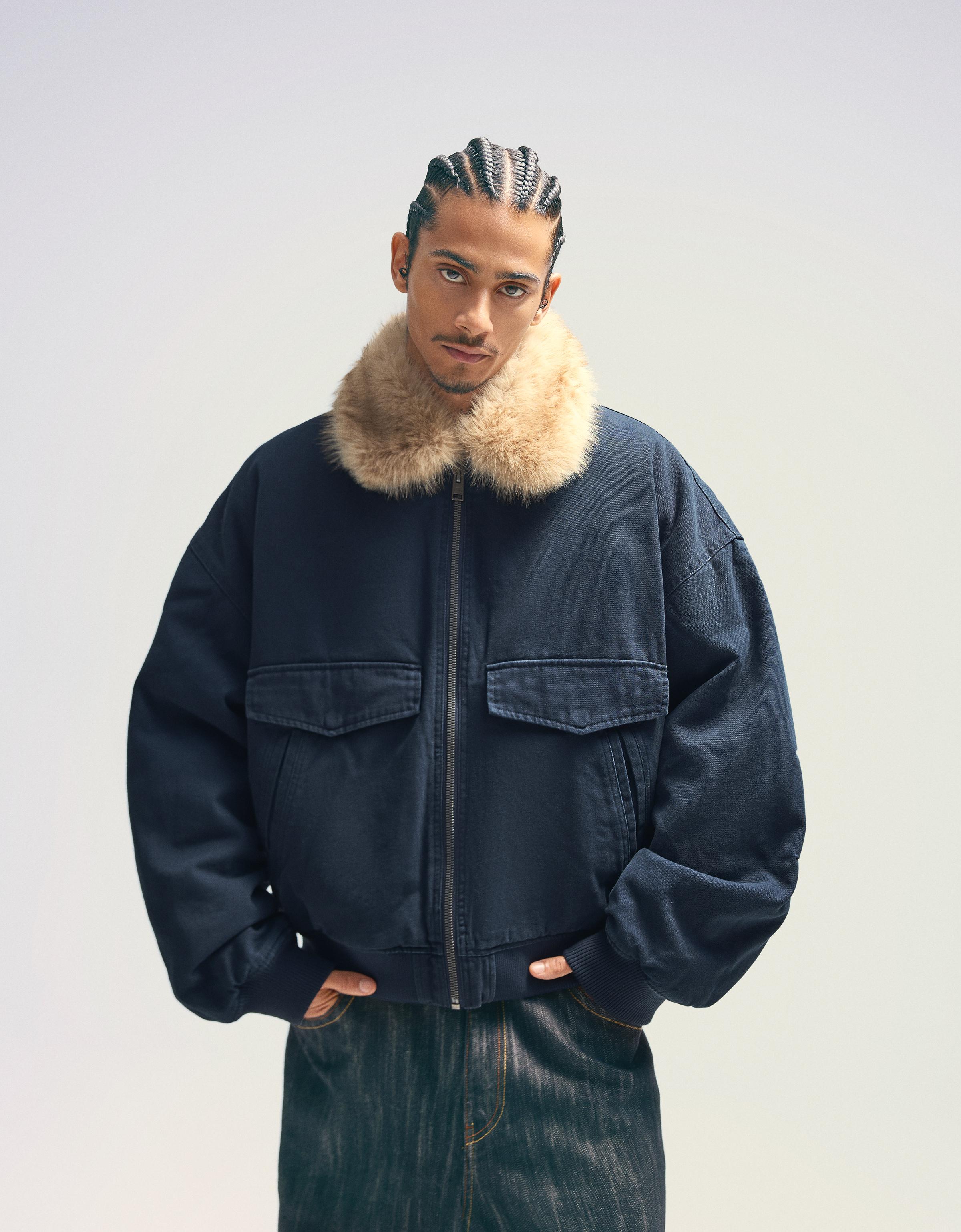 Bershka Jacke Mit Kunstfellkragen Herren Xl Marinenblau