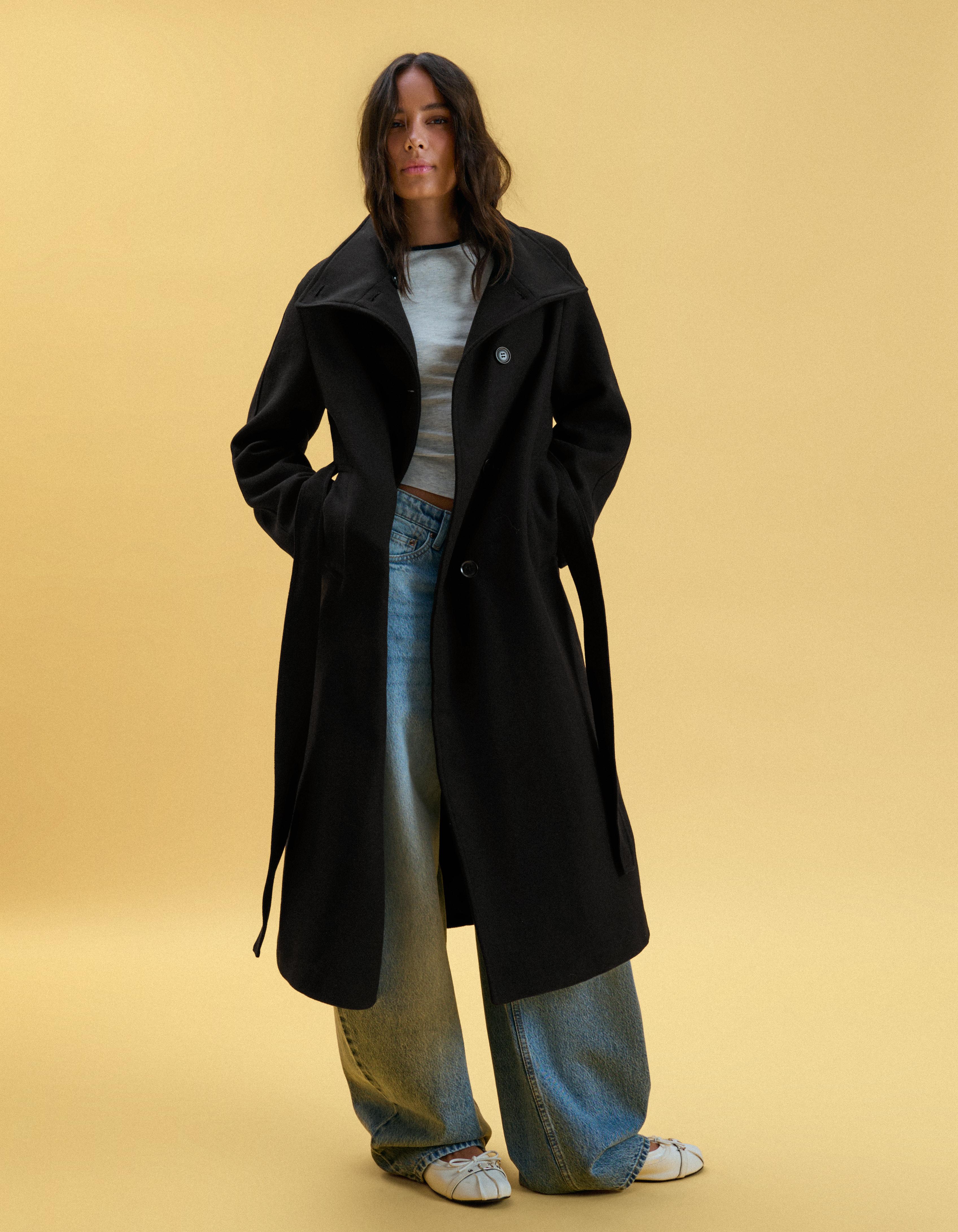 Long funnel neck coat with belt — Black