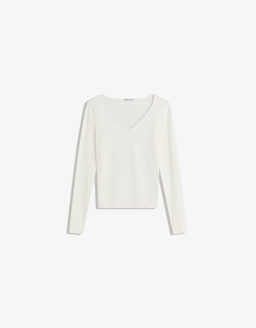 Camiseta manga larga cuello pico-Blanco roto