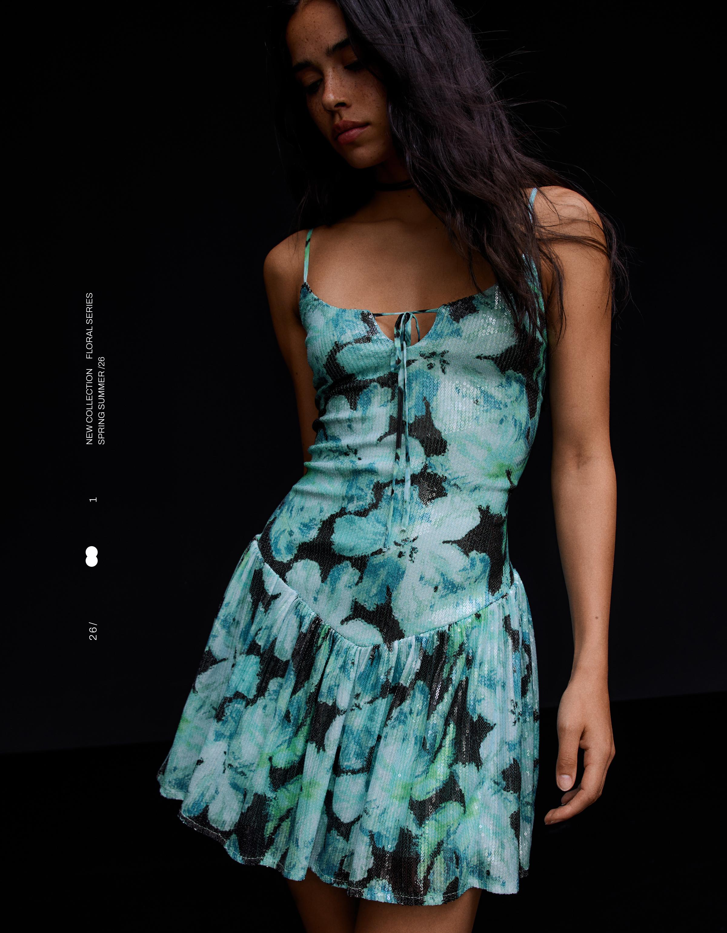 Strappy sequin mini dress with flared skirt — Turquoise