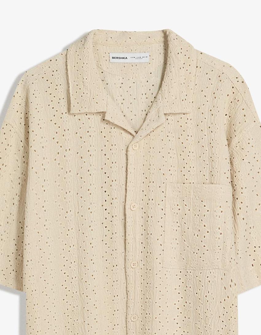 Embroidered short sleeve shirt-Sand