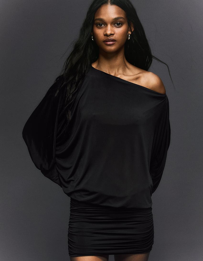 Rochie mini guler asimetric-Negru