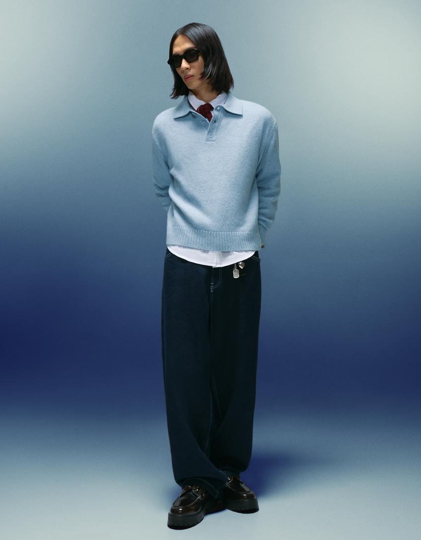 Polo collar sweater-Light blue