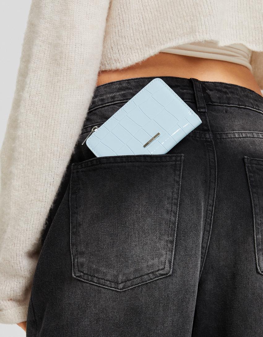 Porte-monnaie effet verni gravé imprimé animal-Bleu clair-1