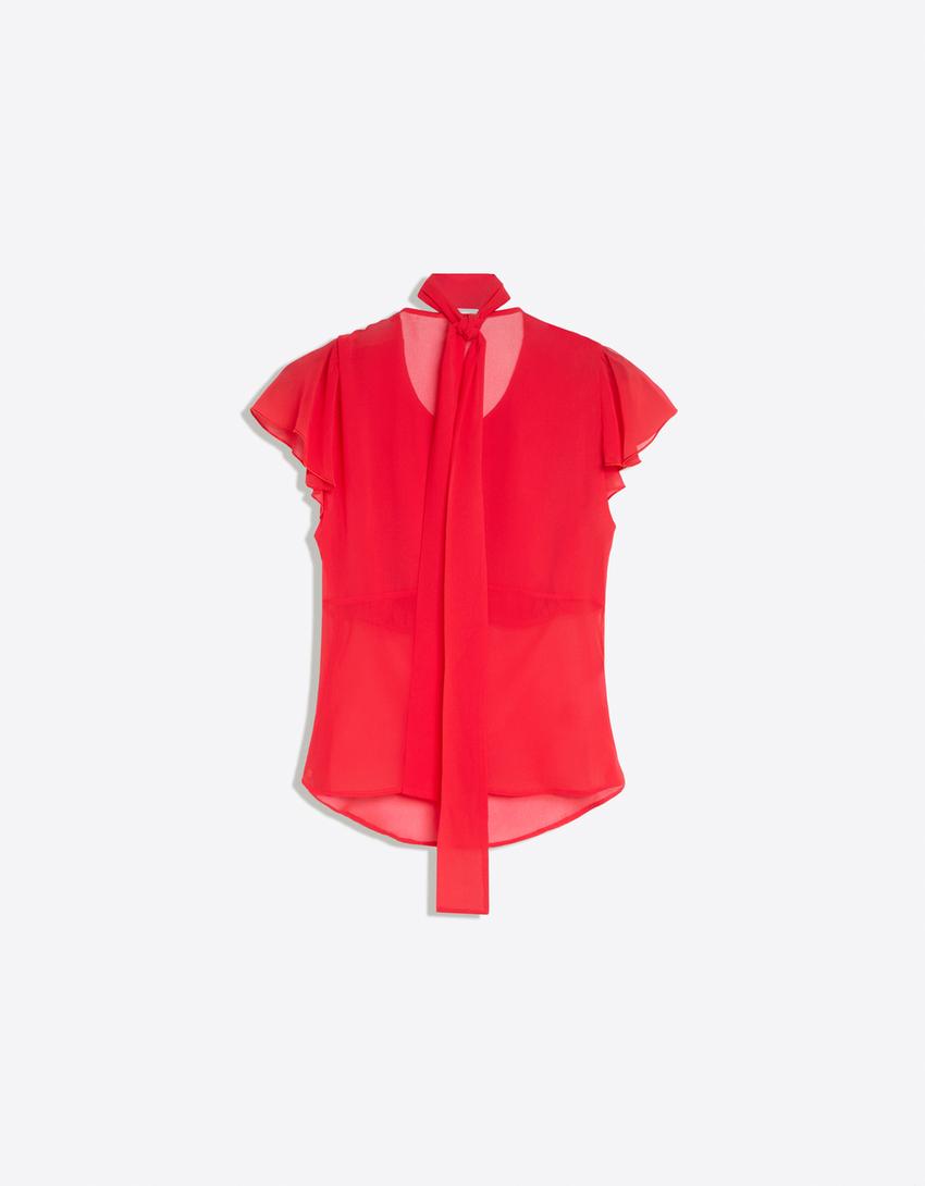 Fitted short sleeve ruffled shirt-Red