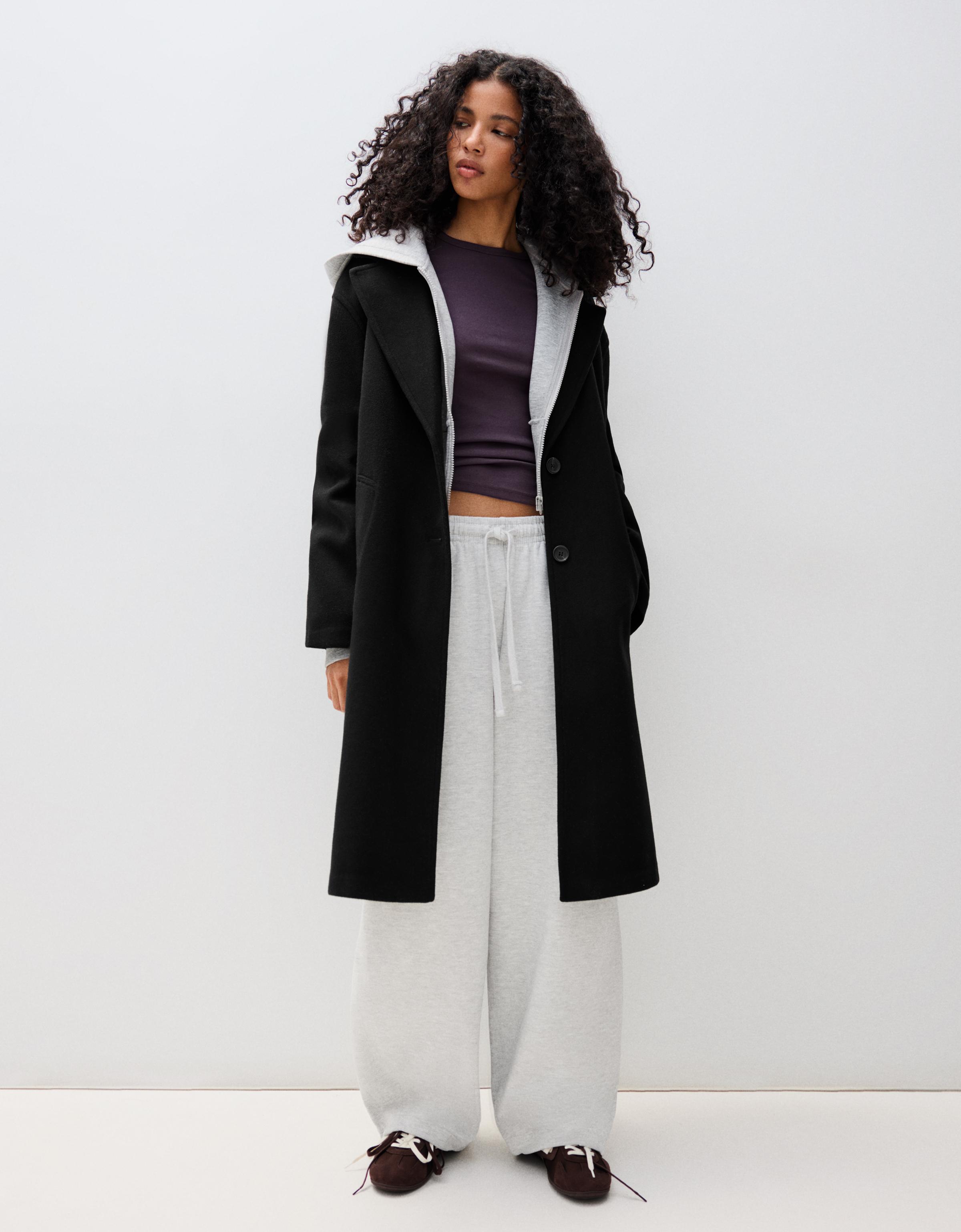Bershka Abrigo Largo Soft Touch Mujer Negro