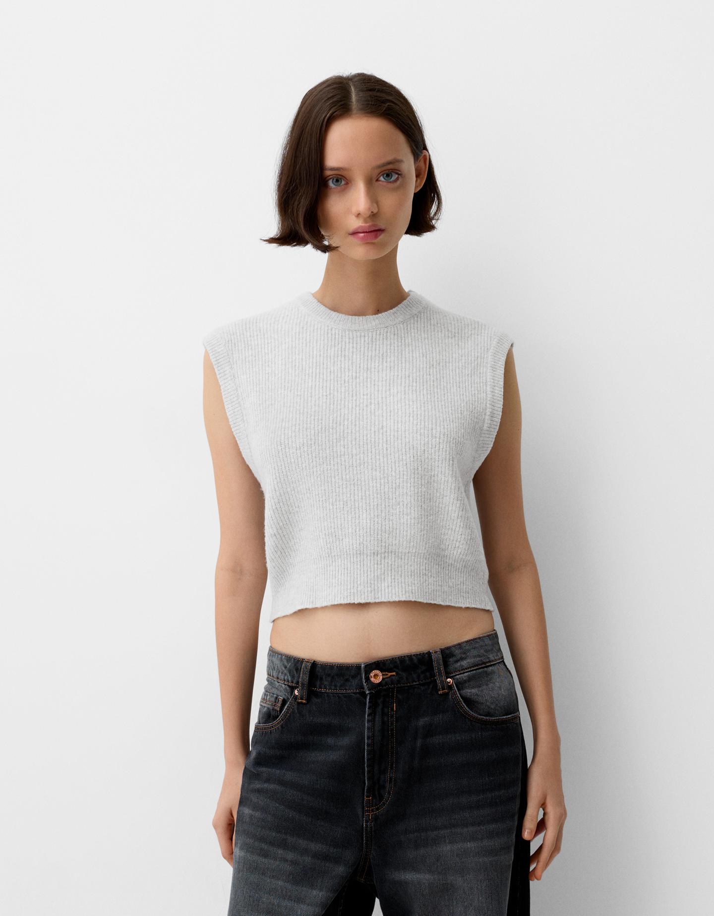 Bershka Chaleco Rib Mujer S Gris