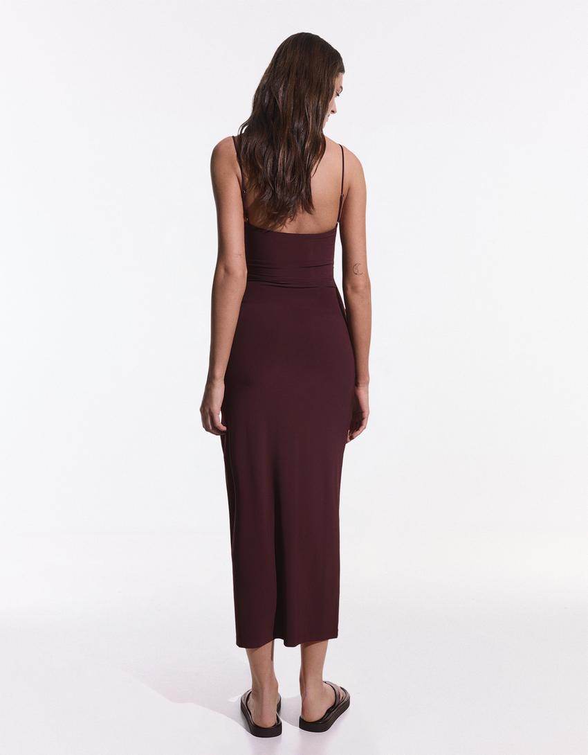 Gathered strap midi dress-Burgundy