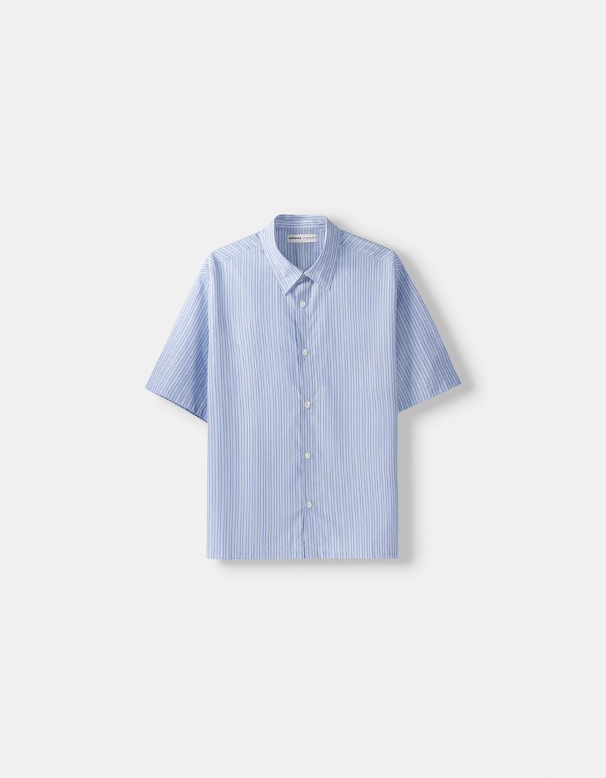 قميص بقصة مربعة وأكمام قصيرة-أزرق فاتح-4