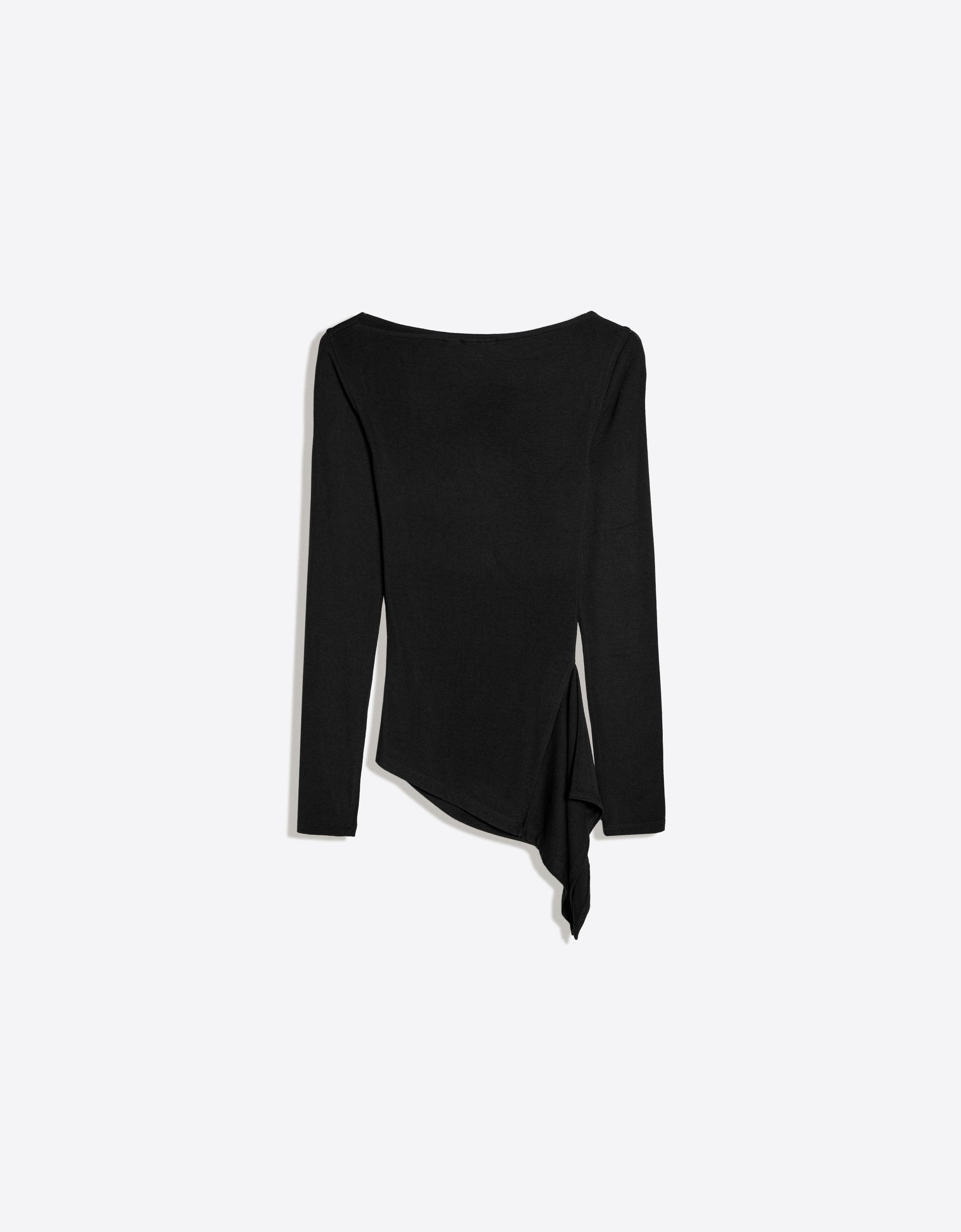 Long sleeve asymmetric gathered T-shirt — Black