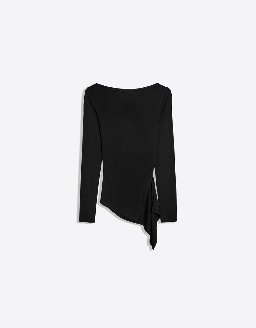 Asymmetrisches Langarmshirt mit Raffung-Schwarz