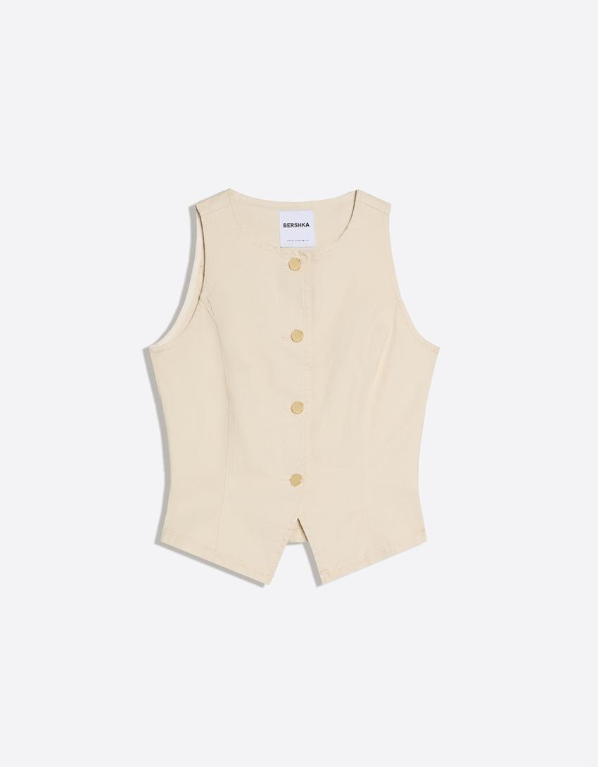 Gilet en jean détail bouton pierres fantaisie-Écru