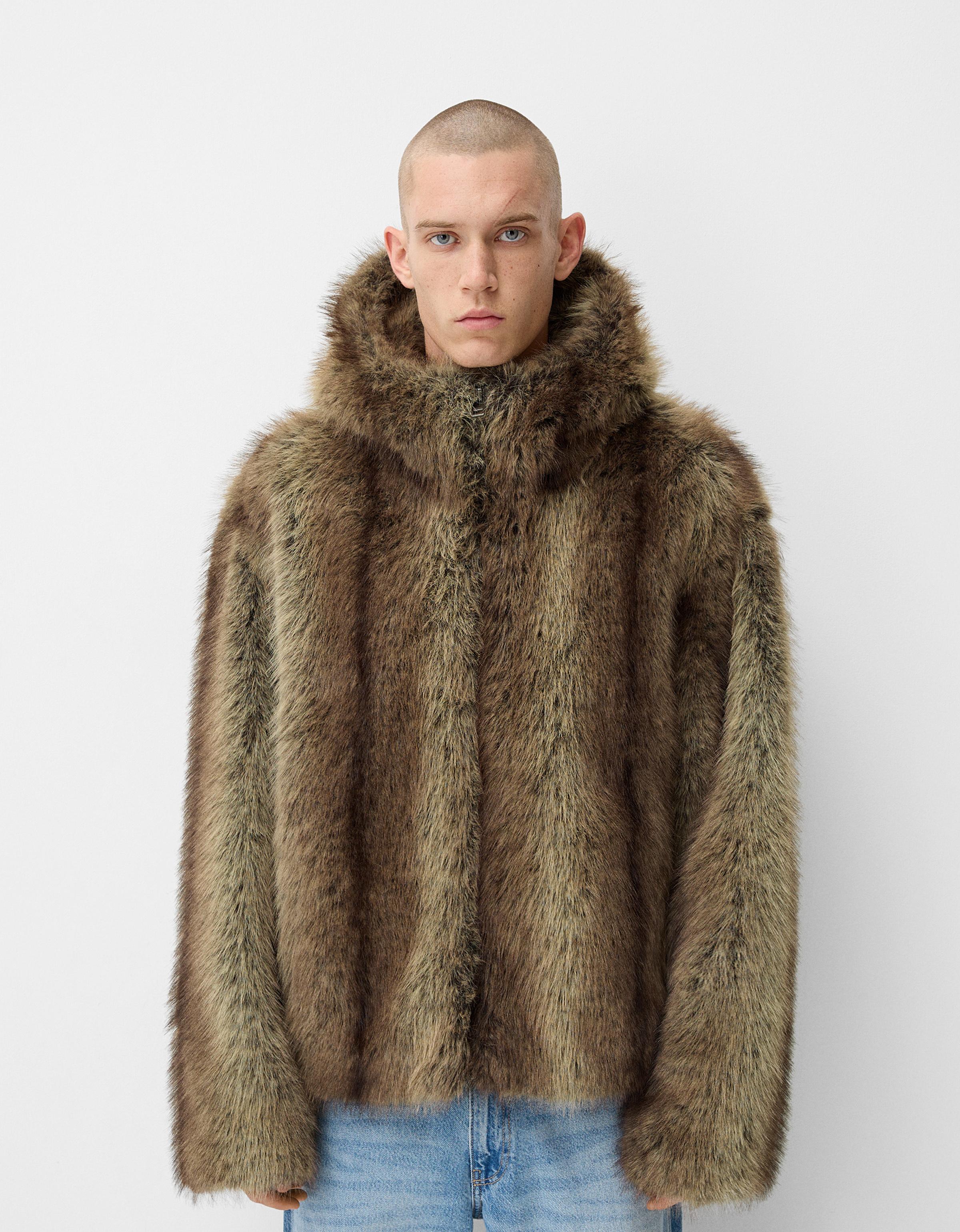 Jacket with faux fur hood Men Bershka