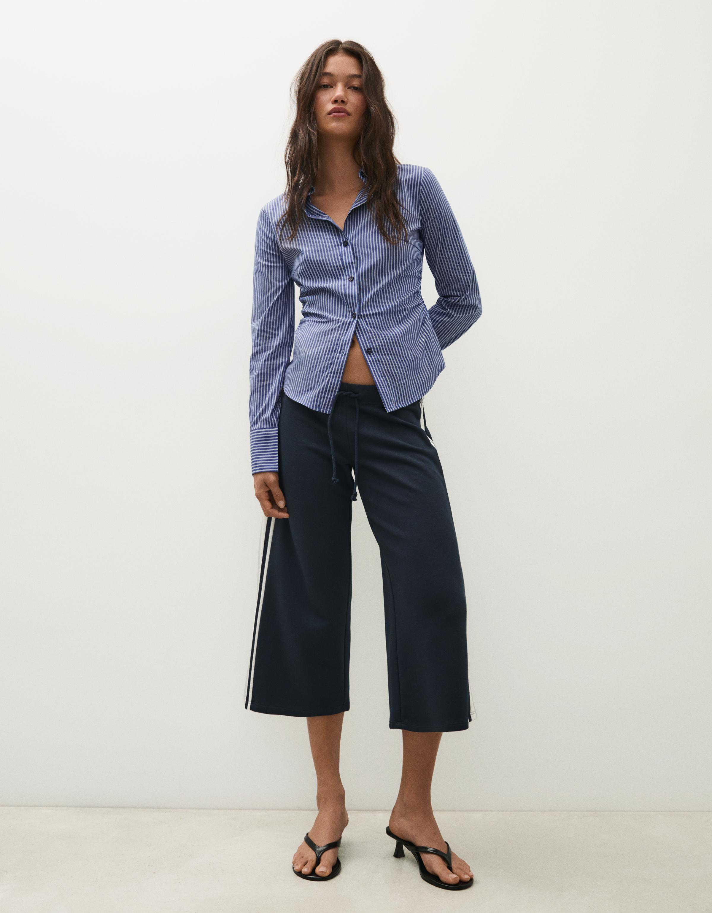 Bershka Camisa Manga Larga Entallada Mujer Azul