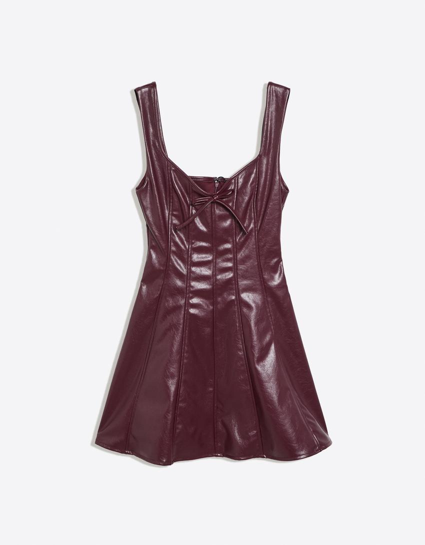 Faux leather sweetheart neckline strappy mini dress-Red