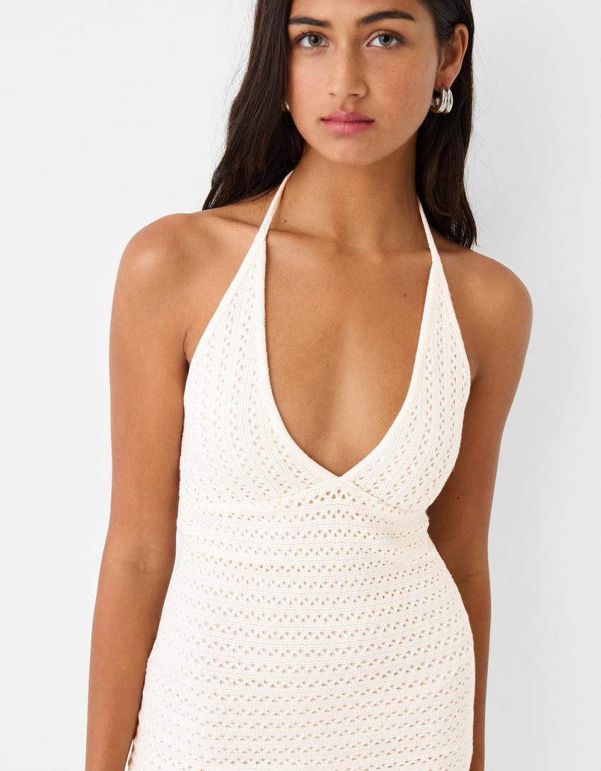 Rustic halterneck mini dress-Cream-3