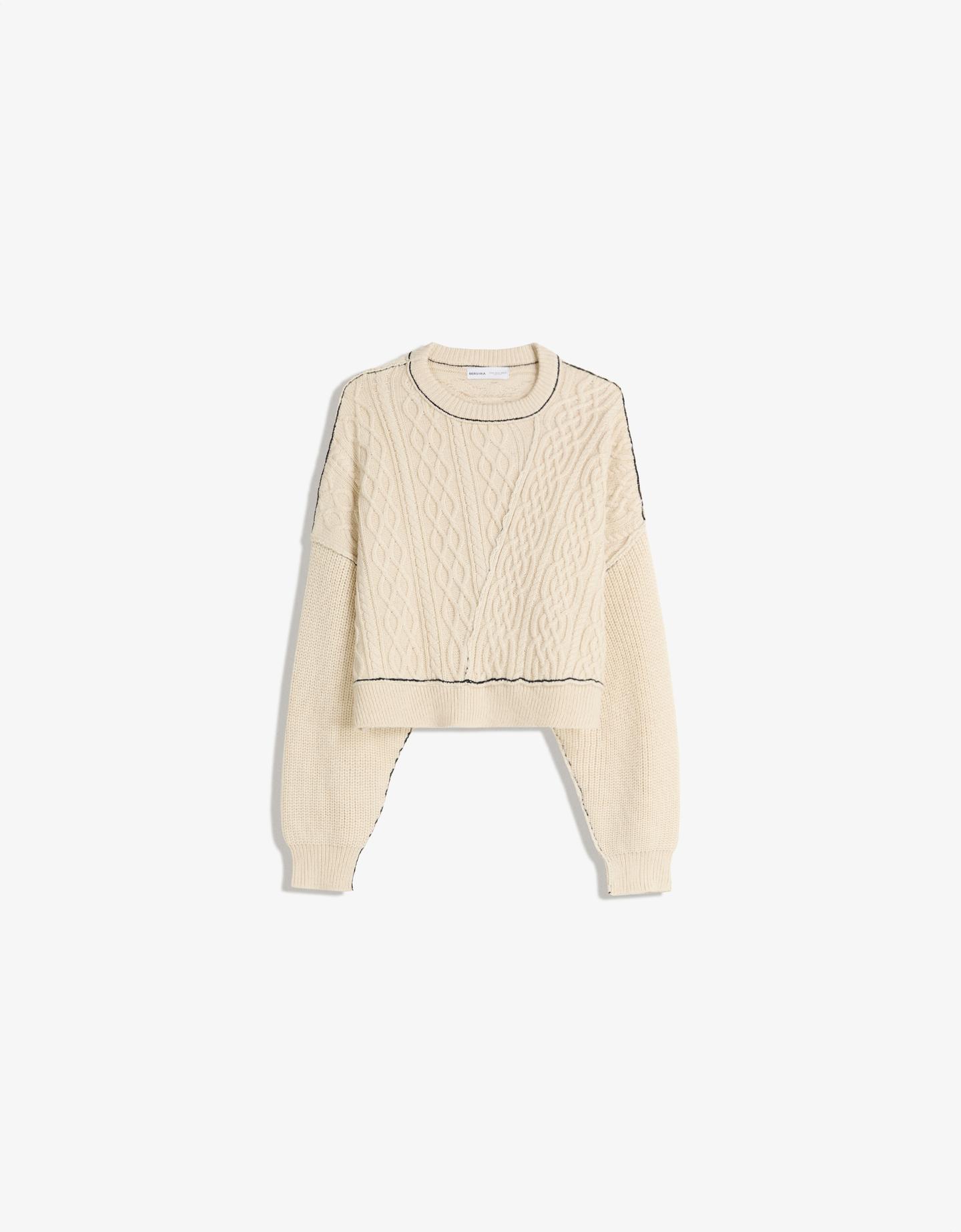 Bershka sweter ze splotem warkoczowym kremowy
