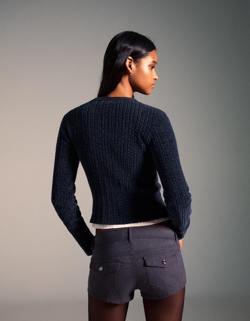 Pulover chenille model împletit-Albastru